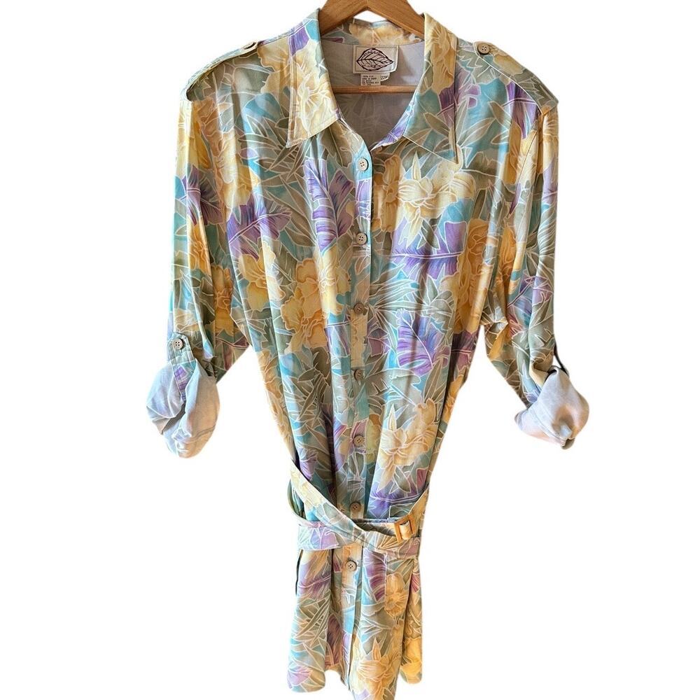 Vintage Diane Gilman Natural Elements 100% Silk Tropical Button Up Dress Sz 22W